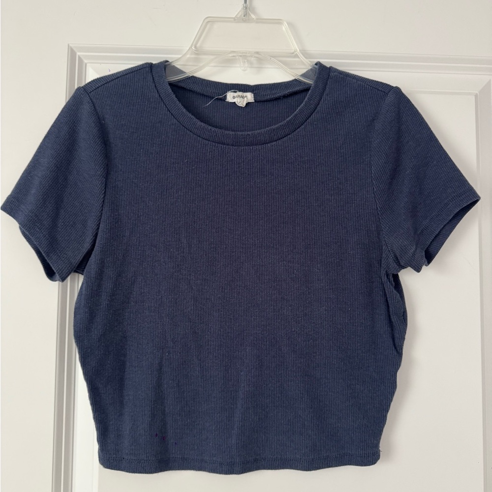 Garage Navy Ribbed Short Sleeve Crop Top